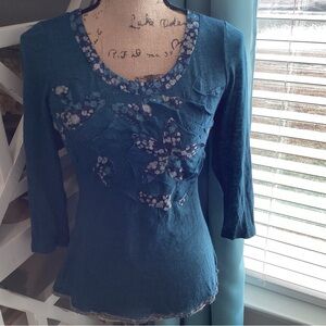 Lulumari Teal 3/4 Length Sleeve Top with Floral Accents